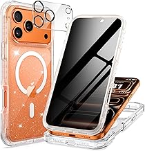 seacosmo Magnetic Case for iPhone 17 Pro 6.3 Inch, Tempered Glass Anti-Spy Cover Compatible with MagSafe, Built-in Magnetic Ring, Privacy Shockproof Enhanced Camera Protector, Glitter