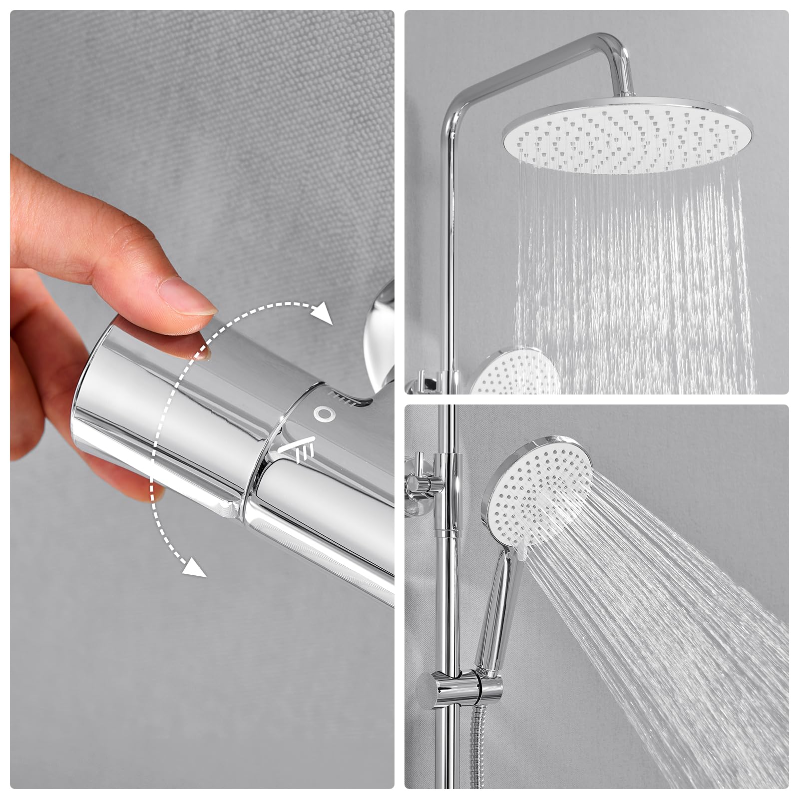 Auralum Colonna Doccia con Miscelatore Termostatico, Set Doccia con Soffione Doccia ∅25cm e Doccetta 3 Funzioni, Colonna Doccia con Asta Saliscendi Doccia Altezza Regolabile 102-125cm, Cromo