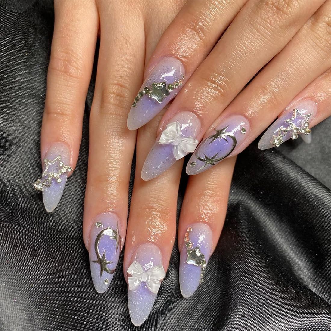 ANDGING Almond Press on Nails Ombre Purple Short Medium fake on Nails with 3D Star Bow Rhinestone Designs Acrylic Manicure Fake Nails for Women
