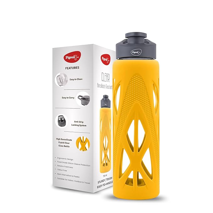 Pigeon 750 ML Clear Glass Water Bottle with Protective Silicone Cover | Glass Water Bottle for Office, Home, Fridge, Gym, Travel | BPA Free Glass Bottle | Yellow