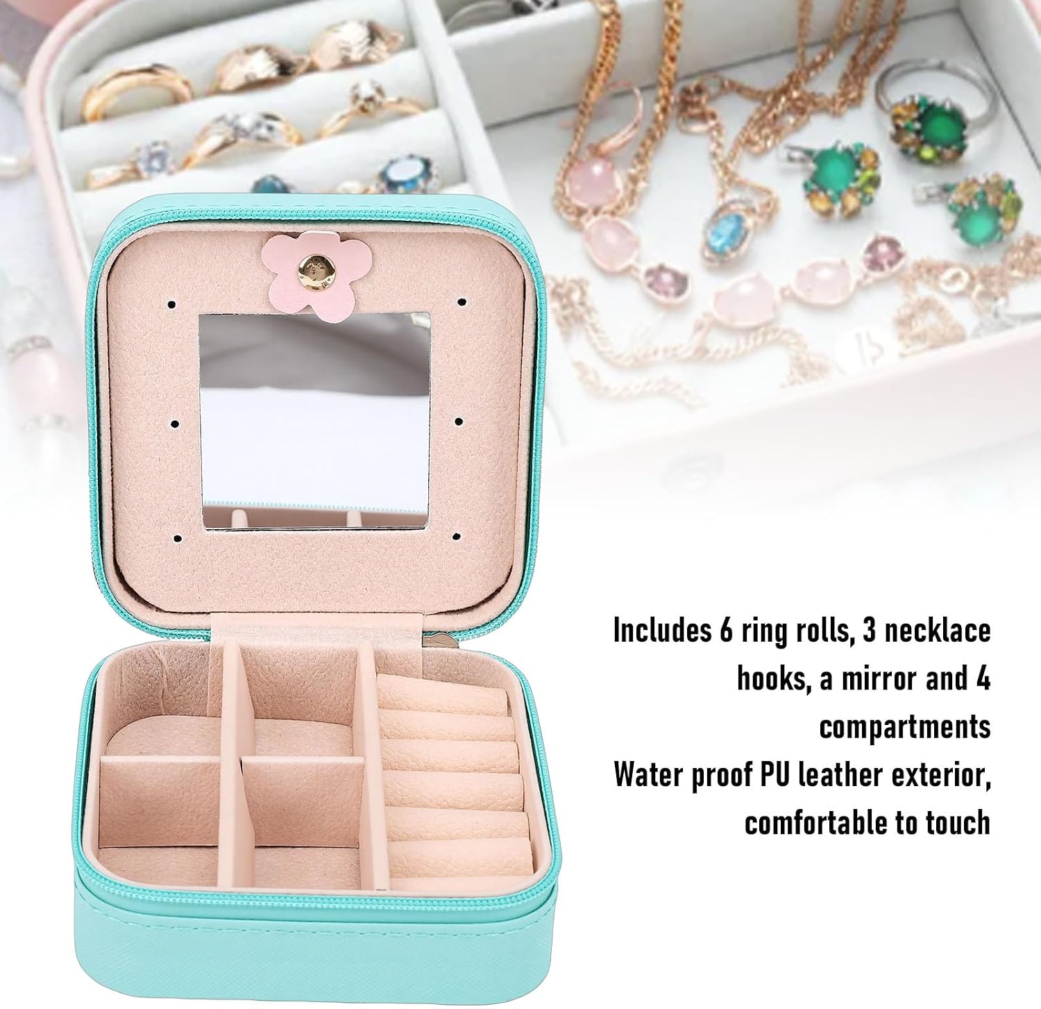 Fockety Travel Jewelry Box with Mirror, PU Leather Jewelry Organizer with 6 Ring Rolls 3 Necklace Hooks 4 Compartments Removable Dividers, for Women Gift image 2