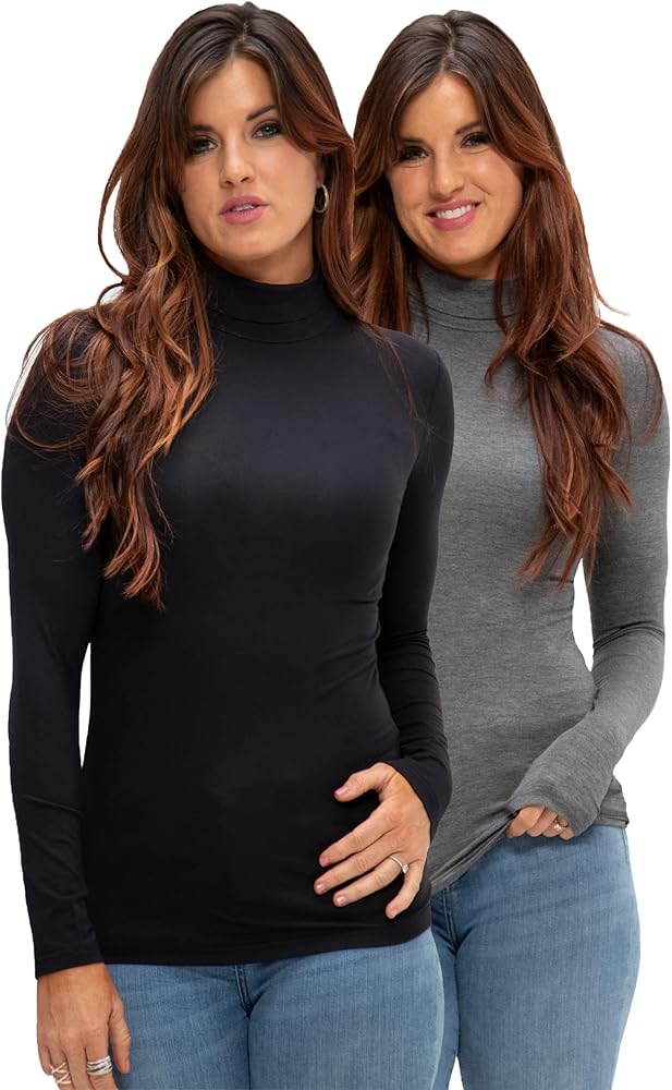 DEVOPS Womens 2 Pack Long Sleeve Mock Turtleneck Stretch Fitted