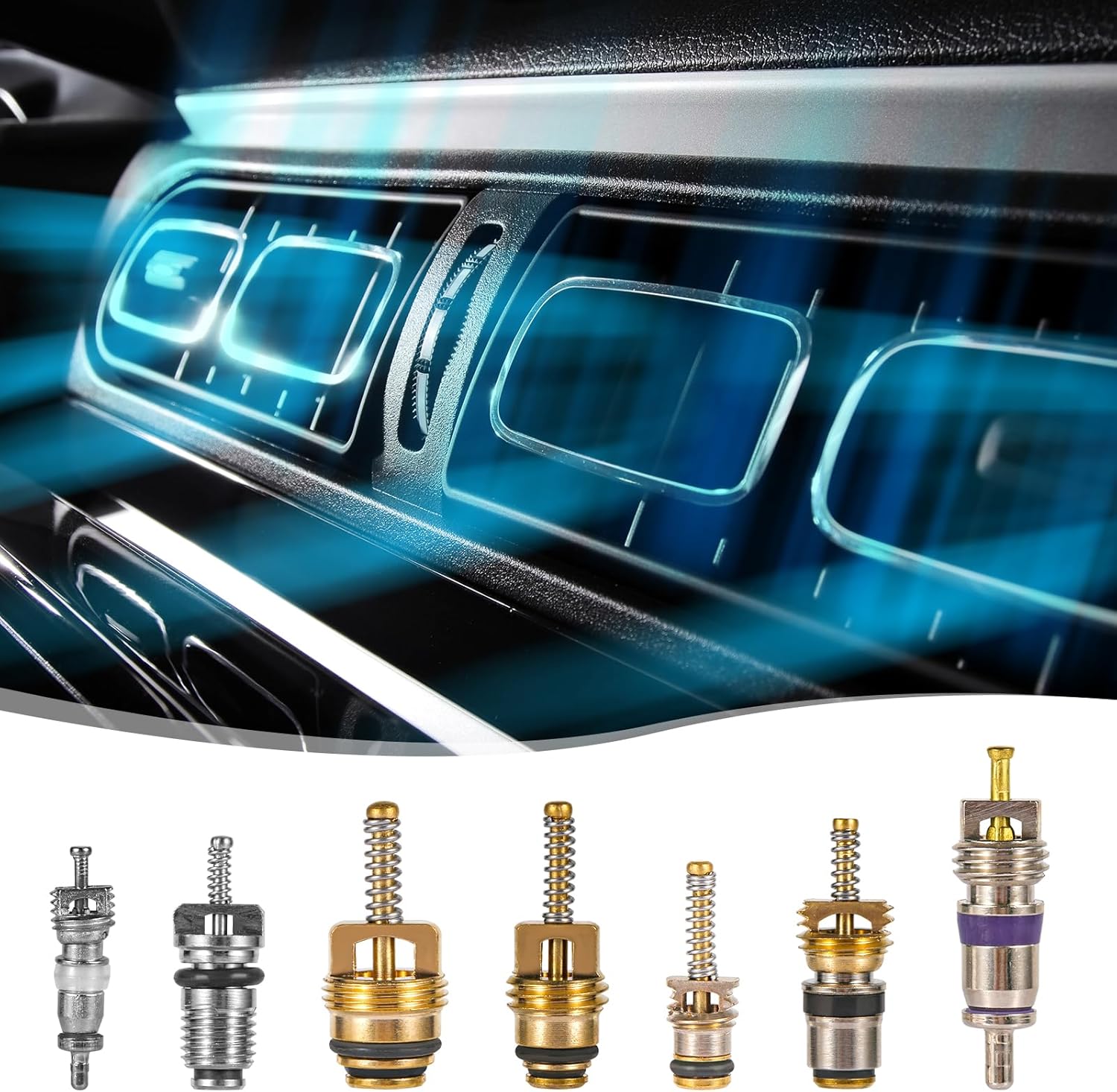 40pcs AC Valve Core Kit, Car Air Conditioner Valve Core Accessories A/C R12 R134a Refrigeration Valve Core with Double-Head Disassembly and Installation Remover Tool AC Valve Kit for Most Cars