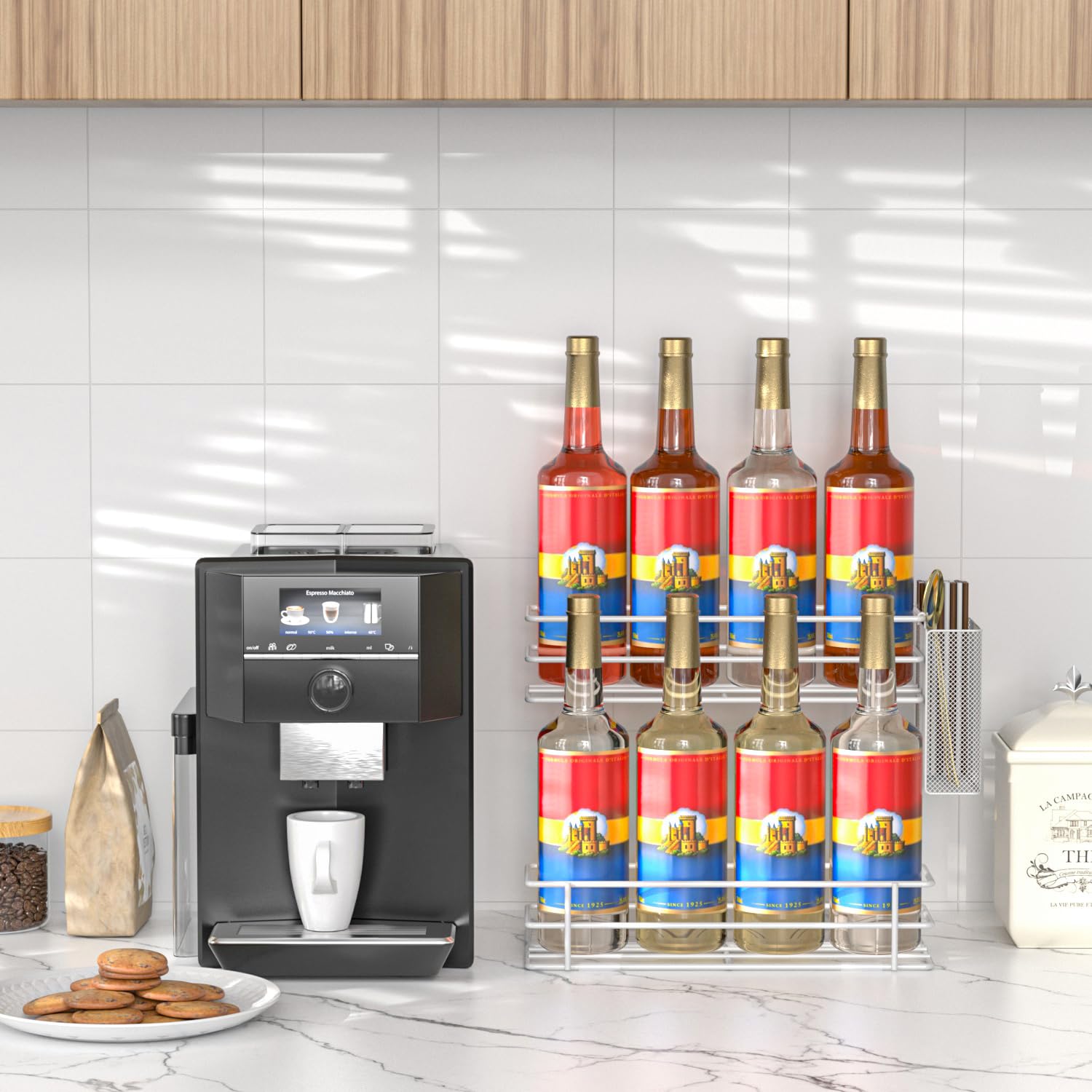 OVICAR Support de rangement pour sirop de café – 8 supports pour bouteilles de café et accessoires de station, 2 niveaux de rangement pour sirop, vin et vinaigrette – Blanc