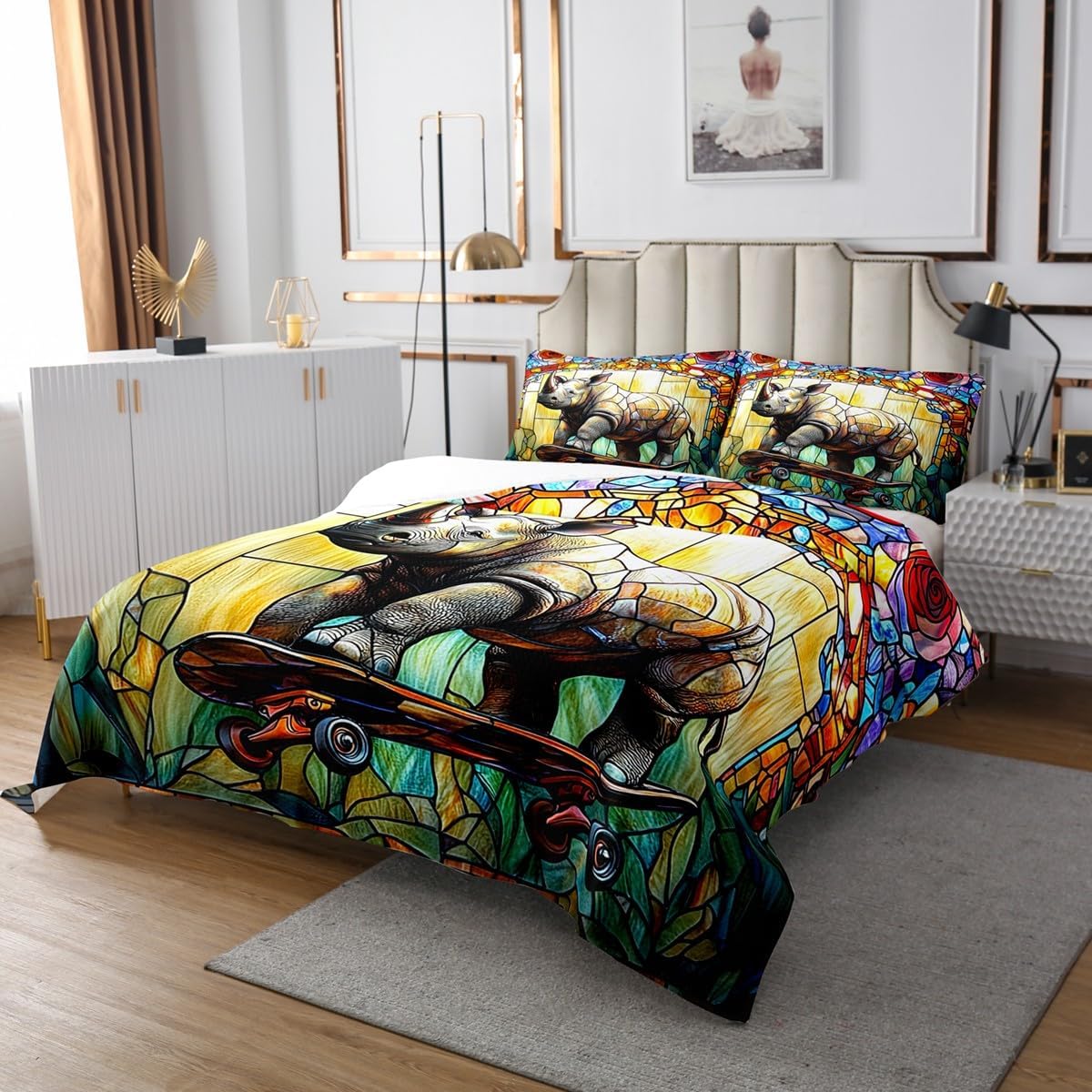 Manfei Rhinoceros Kids Bedspread Twin Size,African Rhino Wild Animal Rustic Coverlet Set,Boys Girls Room Decor,Abstract Geometric Patchwork Quilted Coverlet,Yellow Green Bedding Quilt,1 Pillowcase