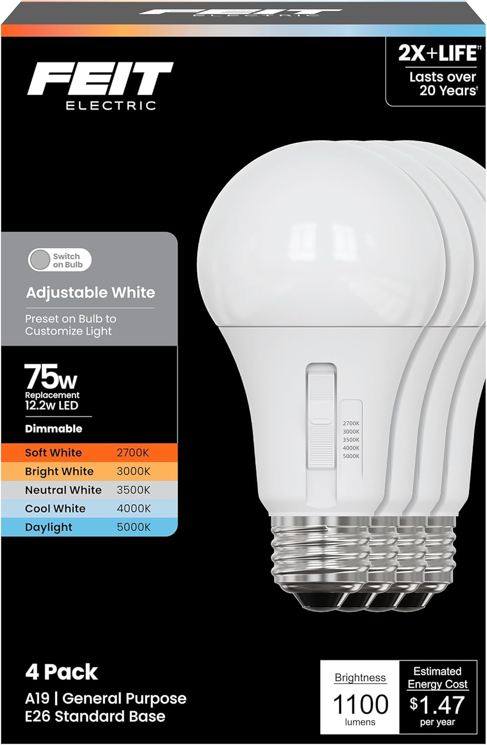 Feit Electric A21 LED Light Bulb, Adjustable White 2700K–5000K, Dimmable, 1500 Lumens, E26 Base, 25,000-Hour Lifetime (Adjustable White, 75, Watts)