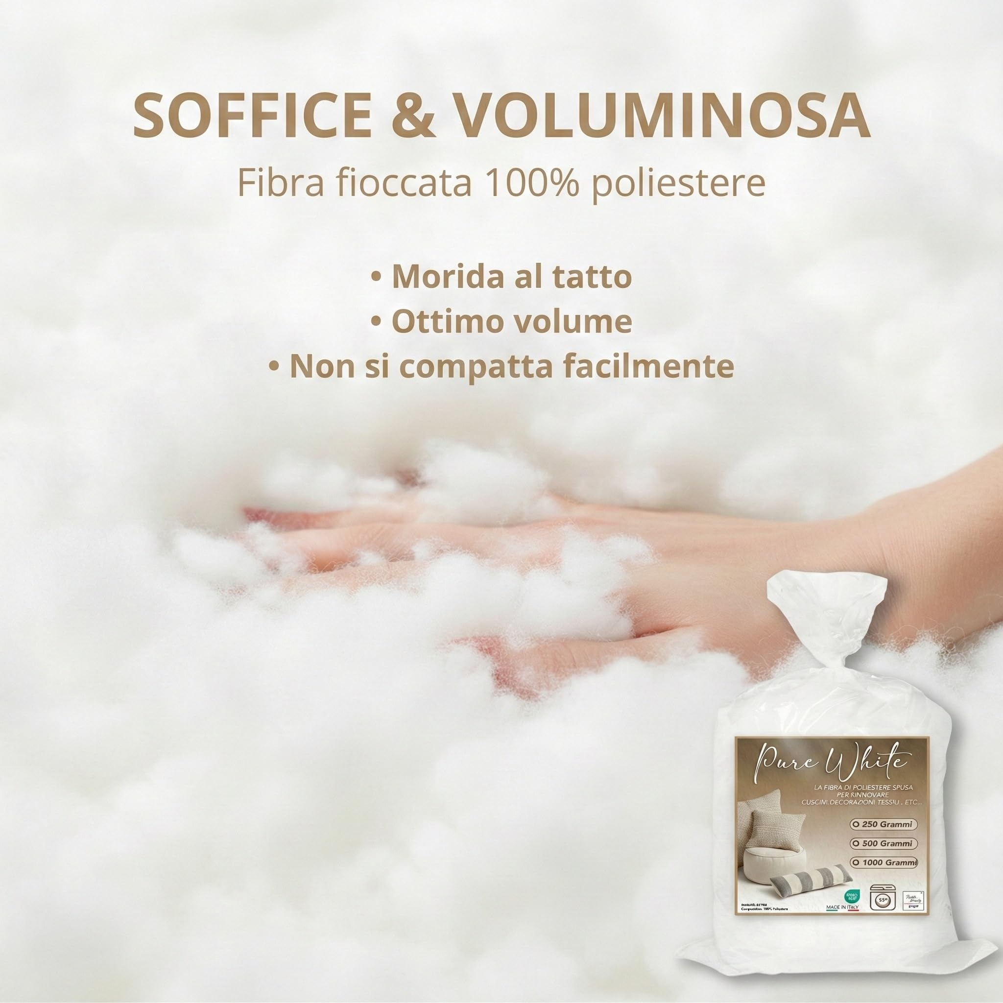 Tex family Ovatta Fioccata Imbottitura Cuscini - Anallergica Antiacaro - Lavabile 95° - Made in Italy | Poliestere 1000 Grammi