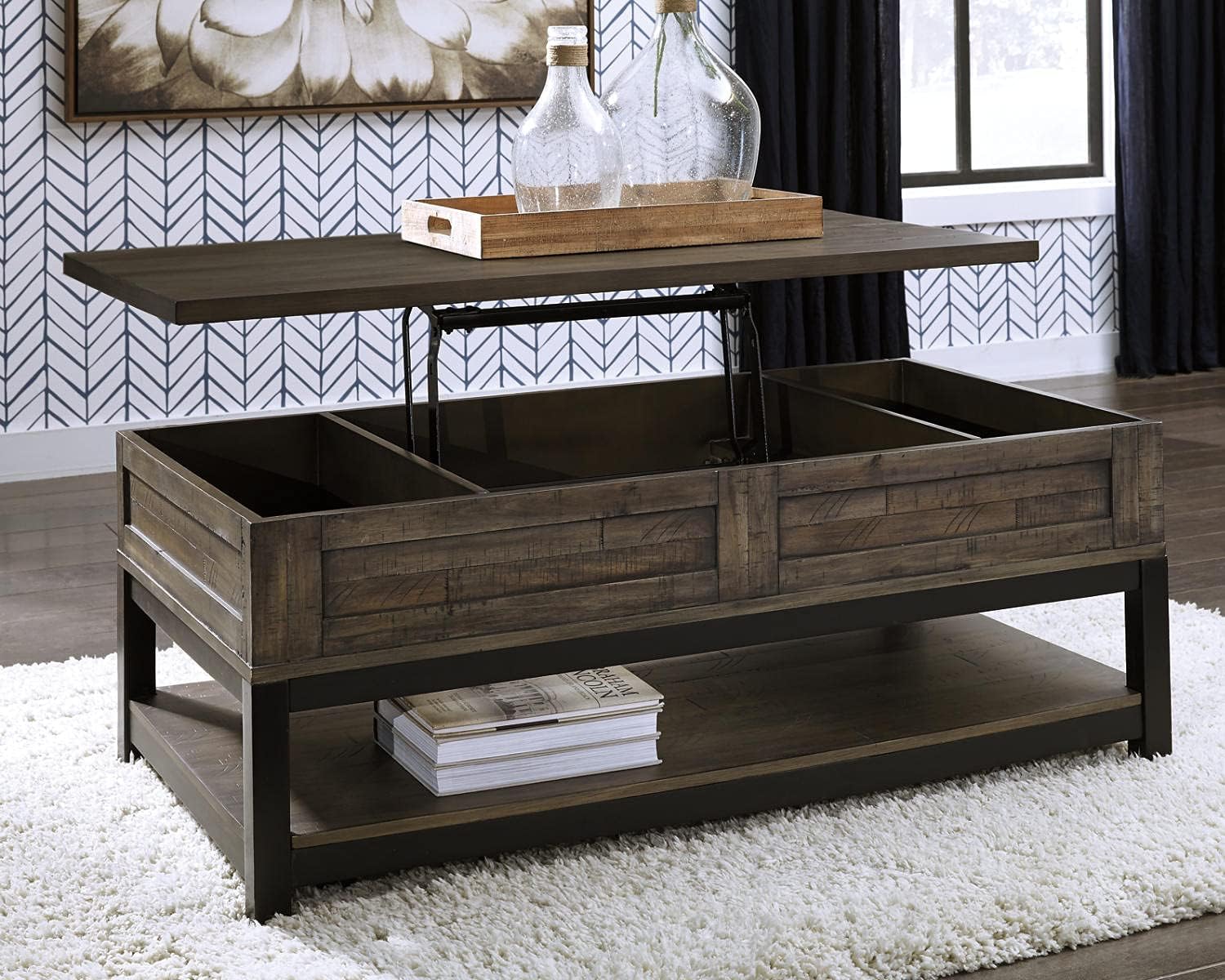 Signature Design by Ashley Johurst Rustic Rectangular Lift Top Coffee Table and Fixed Lower Shelf, Brown