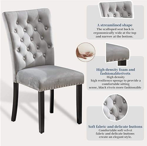 Miniatura 5 de Restworld Juego de 2 sillas de comedor de tela de terciopelo con decoración de botón y cabeza de clavos, silla tapizada copetuda para dormitorio y