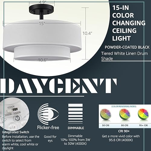 Miniatura 3 de DAYCENT Lámpara de Techo Semiempotrada de Tambor Negro Estilo Granja Moderno Regulable Lámpara LED de Techo 30W 3000K4500K5500K Pantalla de Tambor