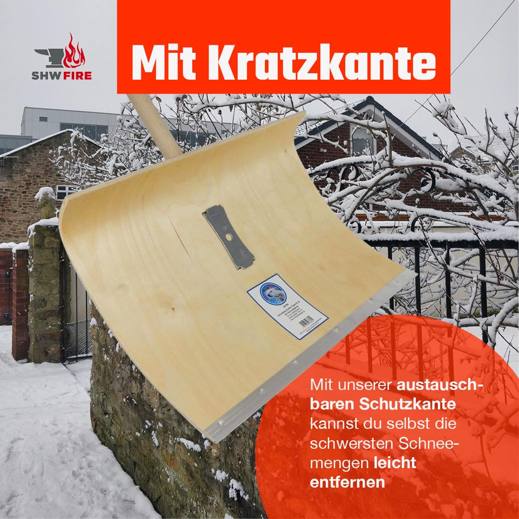 SHW-FIRE | Schneeschieber mit 50cm Schaufel und 144 cm Ovalstiel, Schaufel mit 5-Fach verleimtem Sperrholz mit Stahlschutzkante Premium Schneeschaufel mit Buchenholzstiel | Made in Germany