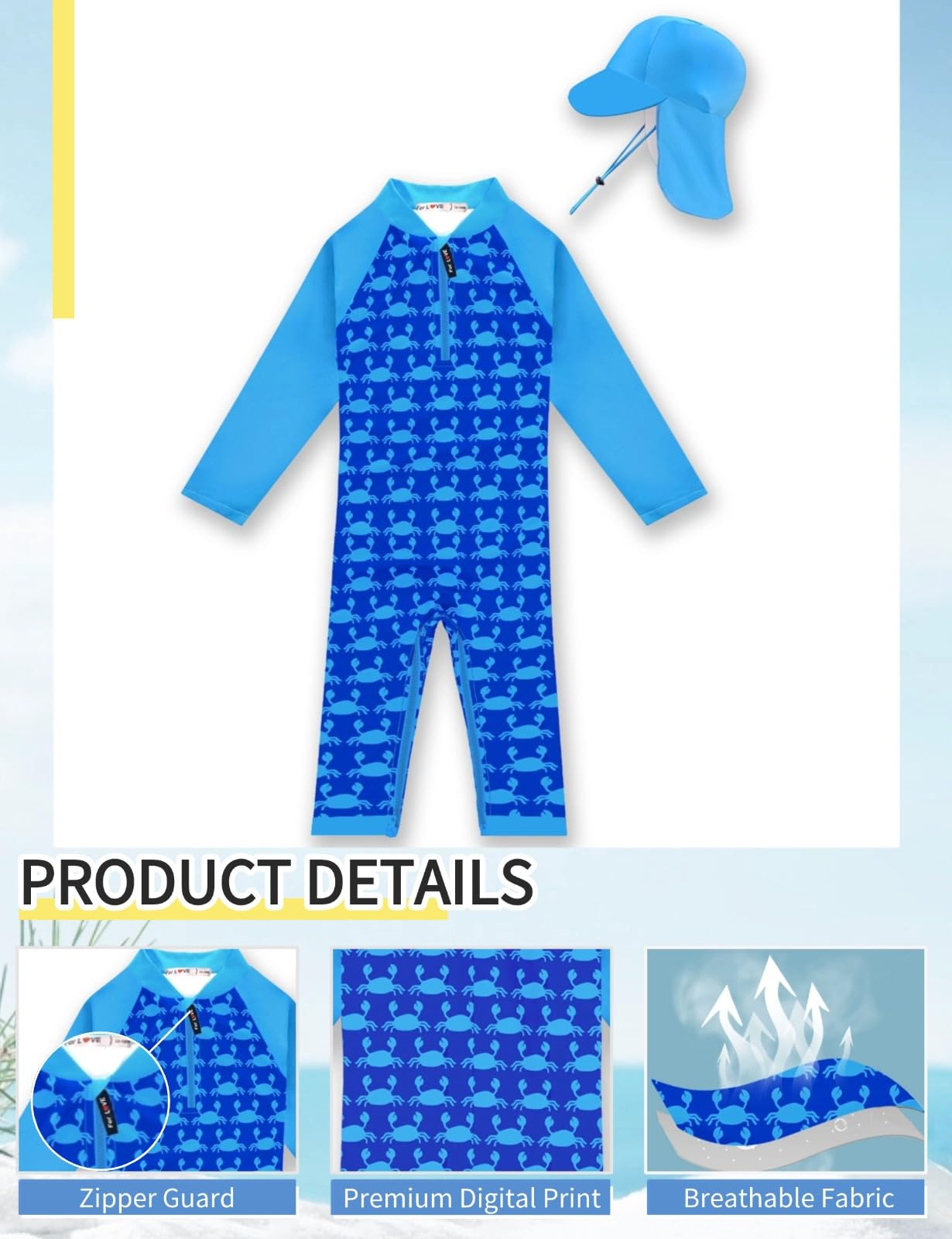 weVSwe Baby Toddler Boy Swimsuit Long Sleeve Baby Swimwear UPF 50+ Sun Protection Rash Guard Swimming Costume with Crotch Zipper 0-3 Years — view 79
