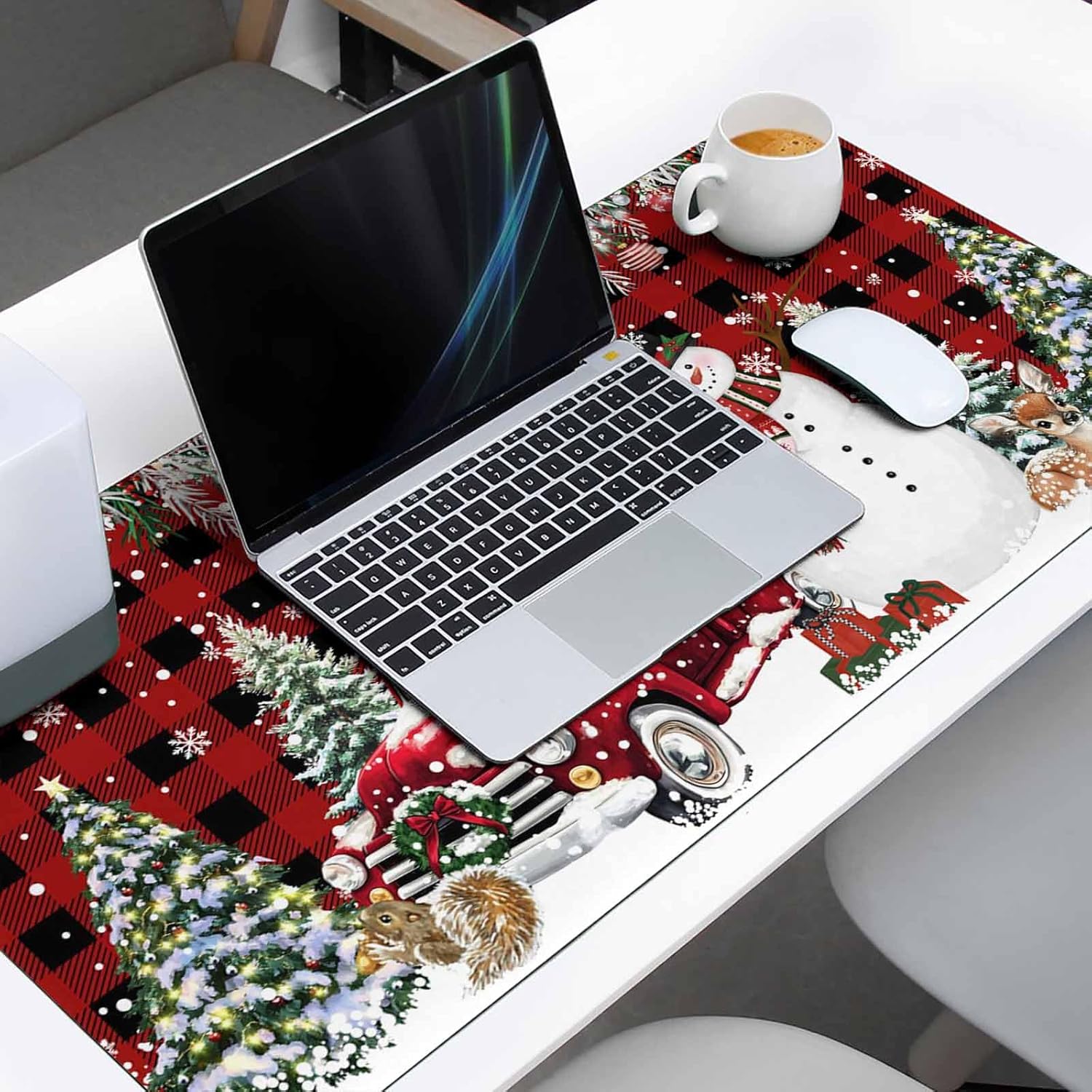 Oversized Gaming Mouse Pad Snowman Christmas Trees Pine Leaves Plaid Desk Mat for Home Office Extended XXL Computer Mouse Pad with Non-Slip Backing for Laptop Desktop Keyboard 35 x 15 Inches