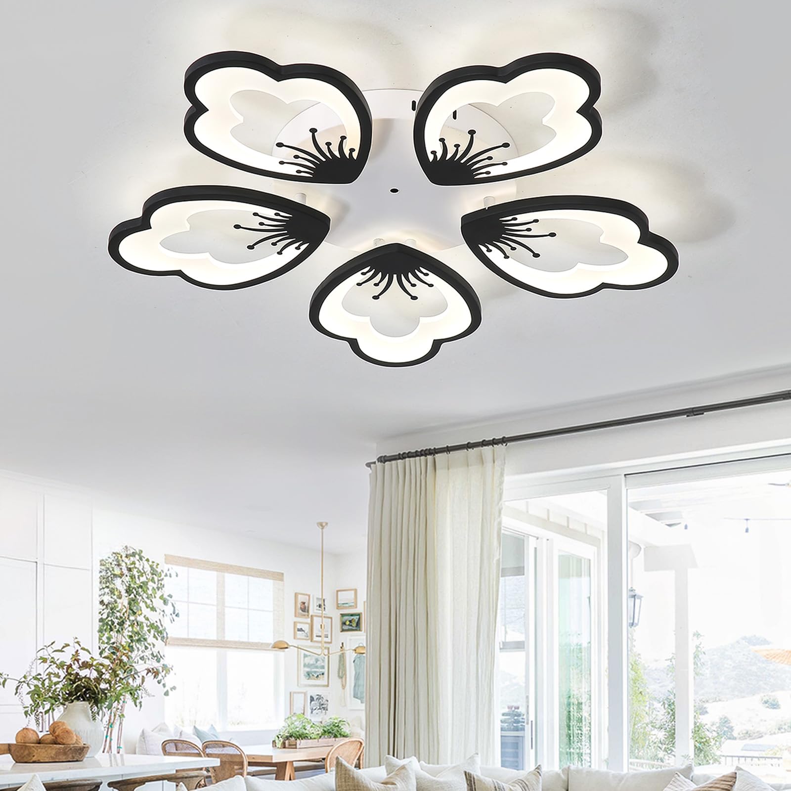 KXEcoLife Dimmable LED Flower Ceiling Light with Remote Control, Modern Chandeliers 3000-6000K, APP Smart Lamp for Bedroom & Living Room, 70cm Black Design