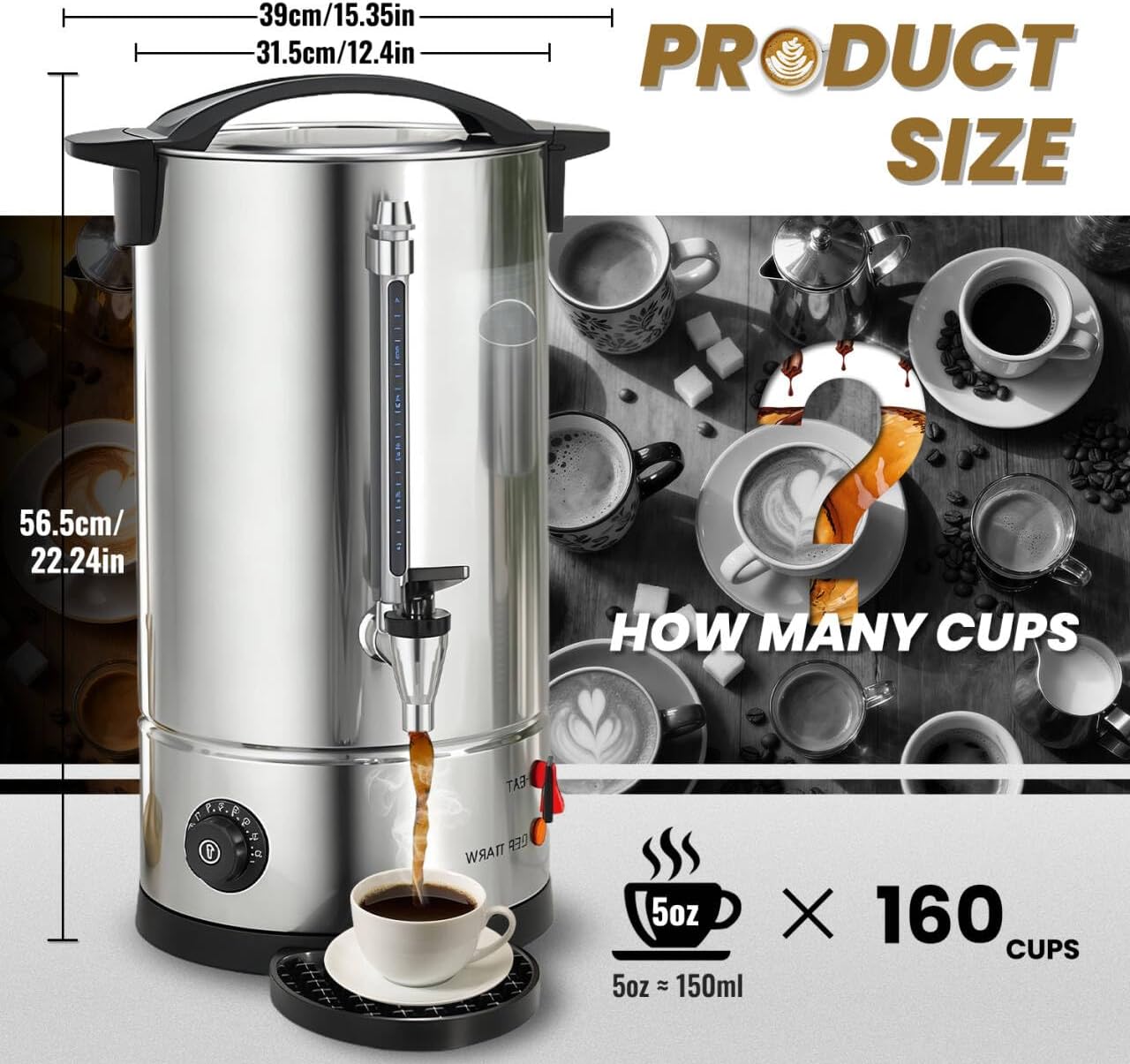 Commercial Coffee Urns, 160 Cups/25L Coffee Maker with Keep-Warm Function, Hot Beverage Dispenser, Electric Hot Water Urn Stainless Steel, for Events, Offices, Parties, Catering (160 Cup)