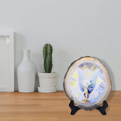Miniatura 4 de Rockcloud Pantalla de losa de ágata de ángel con soporte de madera, forma irregular, ágata en rodajas, adorno de escritorio de oficina en casa, 3.9