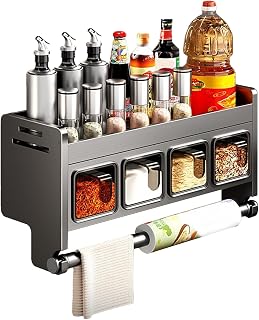 Gewürzregal mit Gewürzdosen, Küchenregal Wand Ohne Bohren,Kombinationsset aus Küchenorganizer und Lagerregal,Gewürzregal Wand Mit Küchenrollenhalter für Aufbewahrung von Gewürzen (mit 4 Gewürzbox)