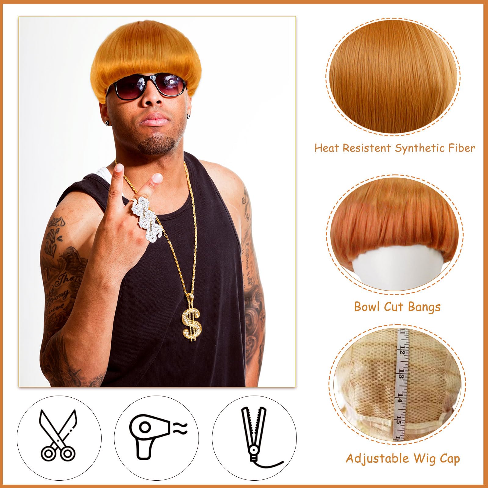 FOUNSHO Short Ginger Bowl Cut Wig with Band for Men Women Adults Short Mushroom Wig Funny Ugly Nerd Hairs Bob Men's 60s 70s 80s Cosplay Costume Fancy Dress Party Crazy Hair Day Halloween (Orange) - Image 4