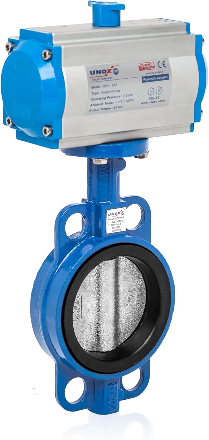 UNOX 2" Double Acting Pneumatic Actuated Butterfly Valve Wafer Type, SS304 Stainless Steel Disc, EPDM Seat, 230 PSI