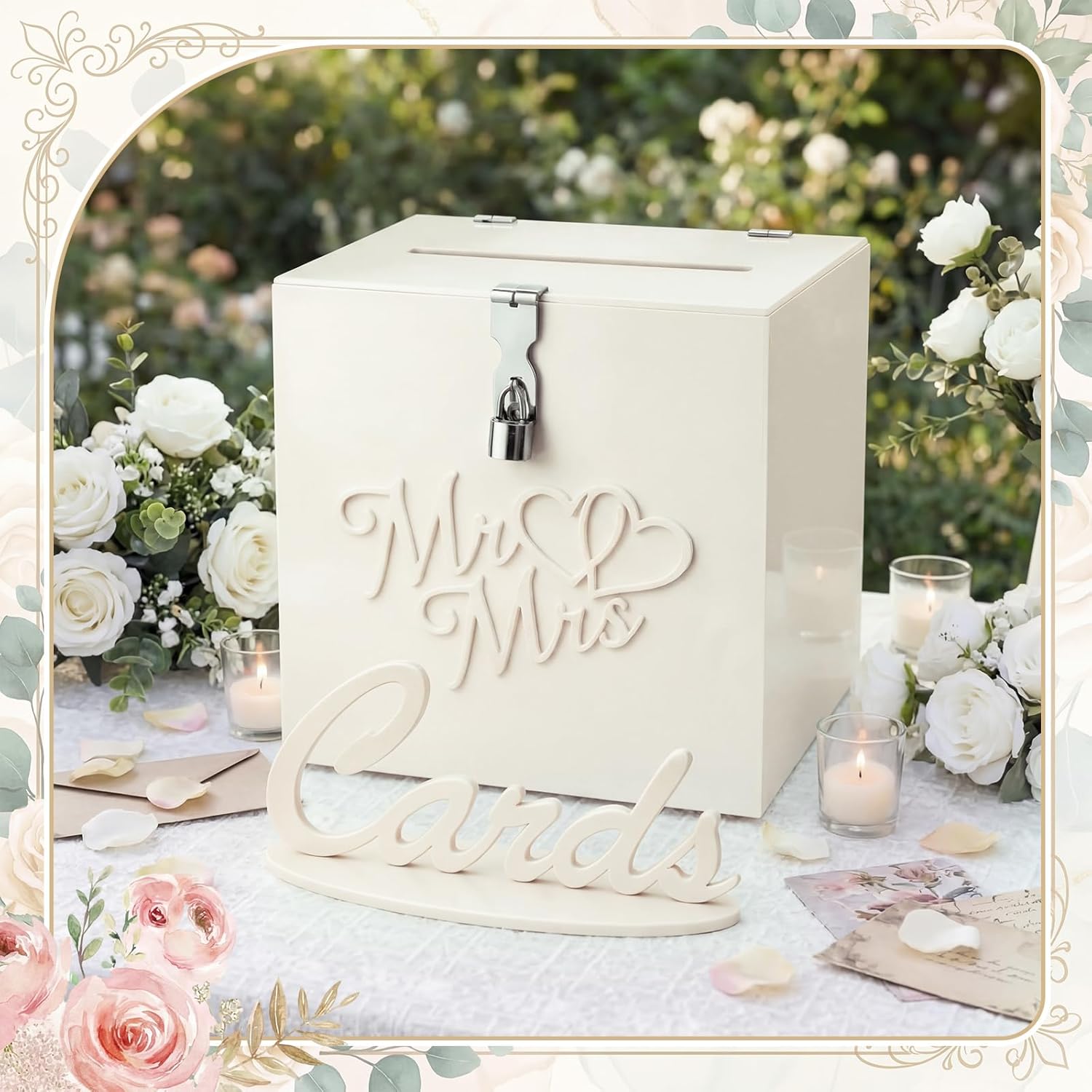 Chumia Cream White Acrylic Wedding Card Box with Lock, 3D Embossed Mr and Mrs Gift Card Box with Cards Sign for Wedding Reception, Bridal Shower, Engagement, Anniversary Party