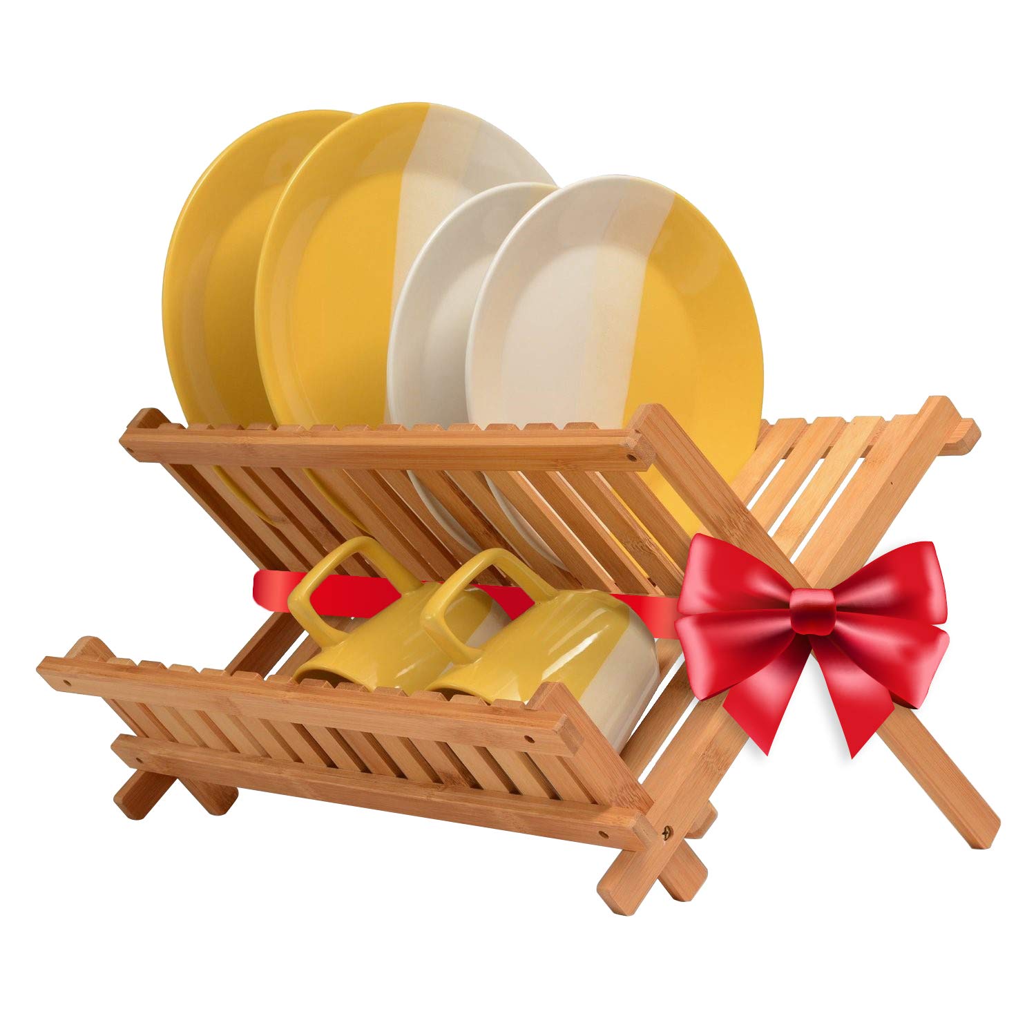 Collapsible Dish Drying Rack Bamboo 2 Tier Dish Drainer Kitchen Plate