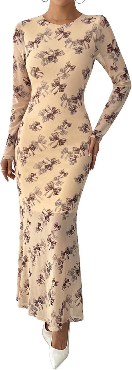 BTFBM Wedding Guest Dresses for Women Fall Fashion 2025 Bodycon Long Sleeve Boho Mesh Party Cocktail Floral Maxi Dress