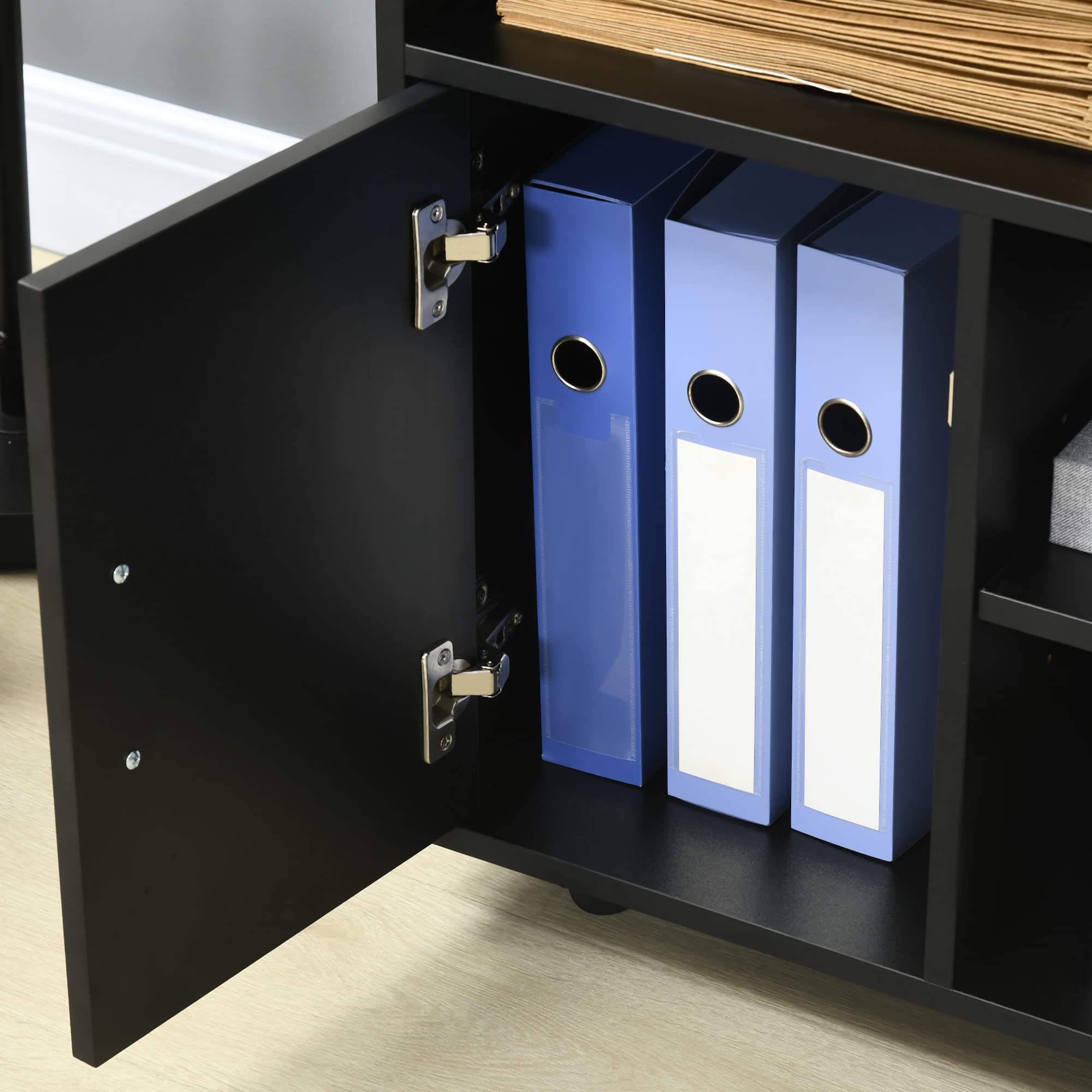 HOMCOM Mobile Porta Stampante con Ruote a Freno, Mobiletto per Stampante con Armadietto Anta Soft Close, 3 Scomparti Aperti, Ripiano Regolabile, Multiuso per Ufficio Studio, 60x50x65.5 cm, Nero