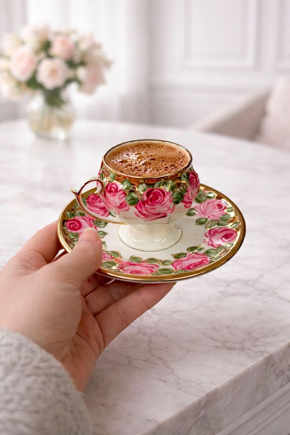 SODEF Hand-Painted Porcelain Coffee Cups, Set of Two, Floral Design, 3.4 fl oz Capacity, White Porcelain for Coffee, Tea, Espresso - White, One Size