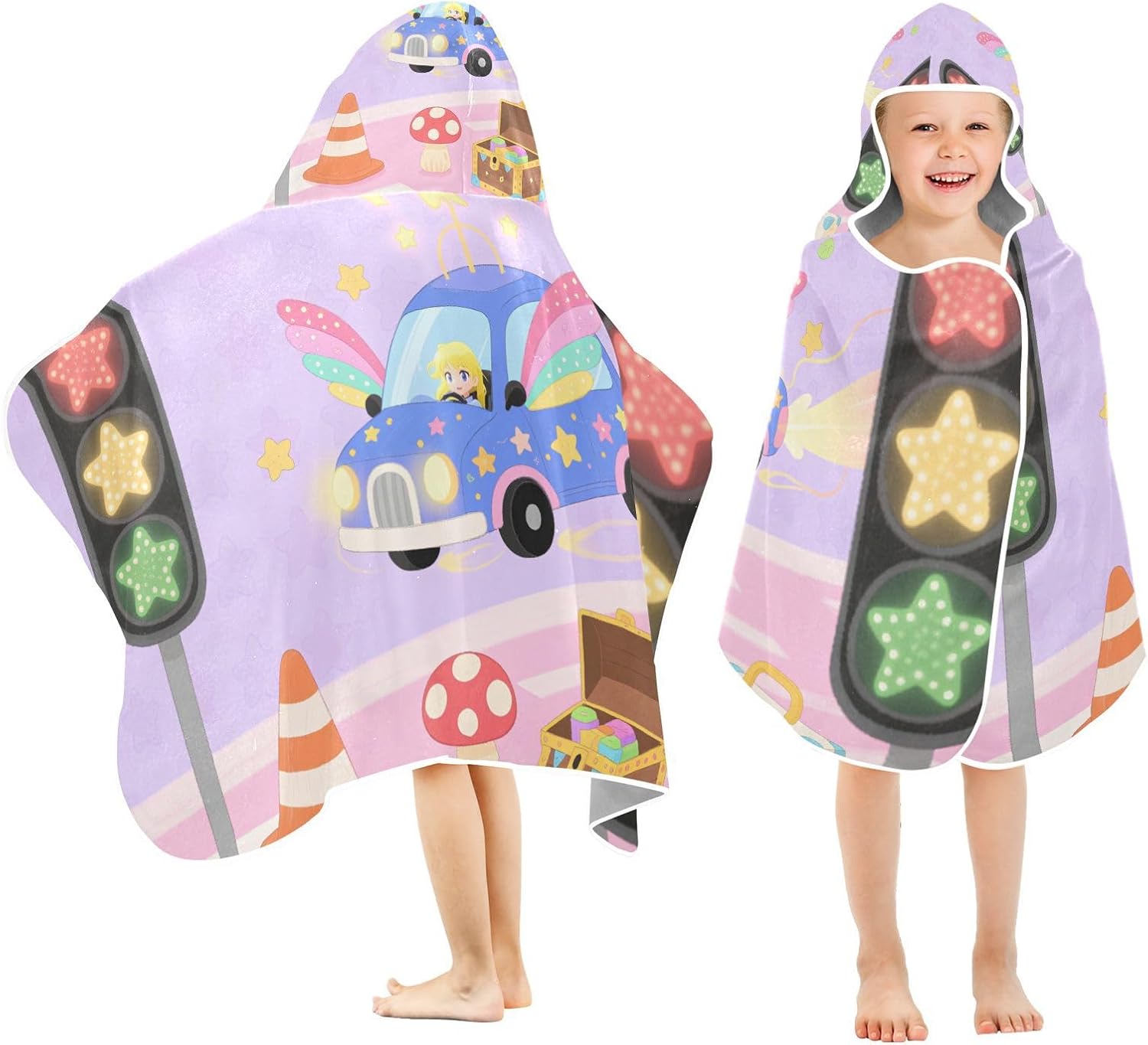 Kids Beach Towel Cartoon Traffic Lights and Cars Boys Hooded Beach Towel Absorbent Kids Bath Towels with Hood