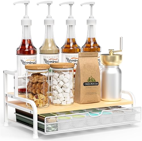 Coffee Syrup Rack Organizer, 3-Tier with 35 K CUP Pod Holder Drawer