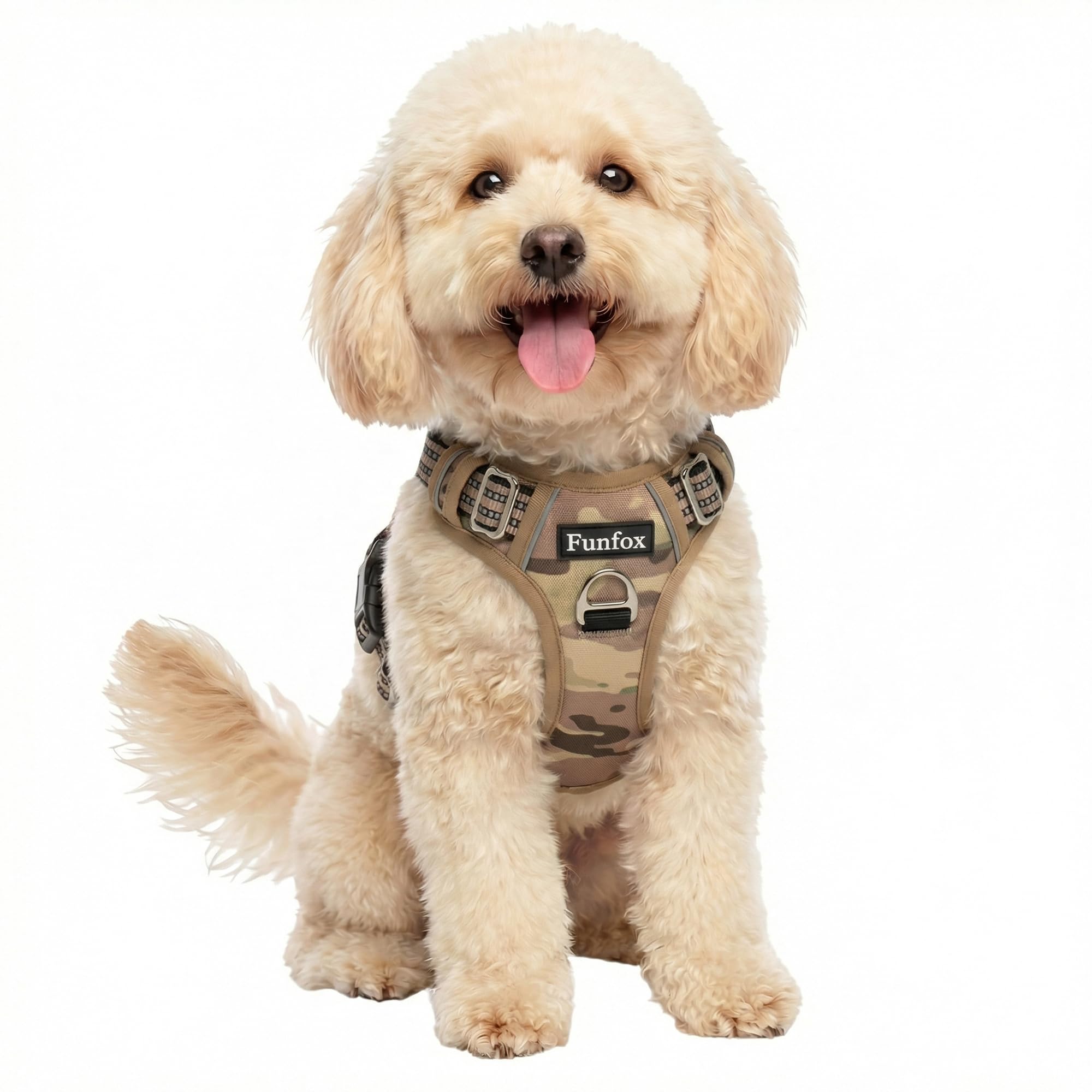 Funfox Hundegeschirr Kleine Hunde [S] - Anti Zug Welpengeschirr mit Griff & Ringreflektoren, Atmungsaktives Verstellbares No Pull Brustgeschirr für Kleine/Mittelgroße Hunde Outdoor Tarnbraun