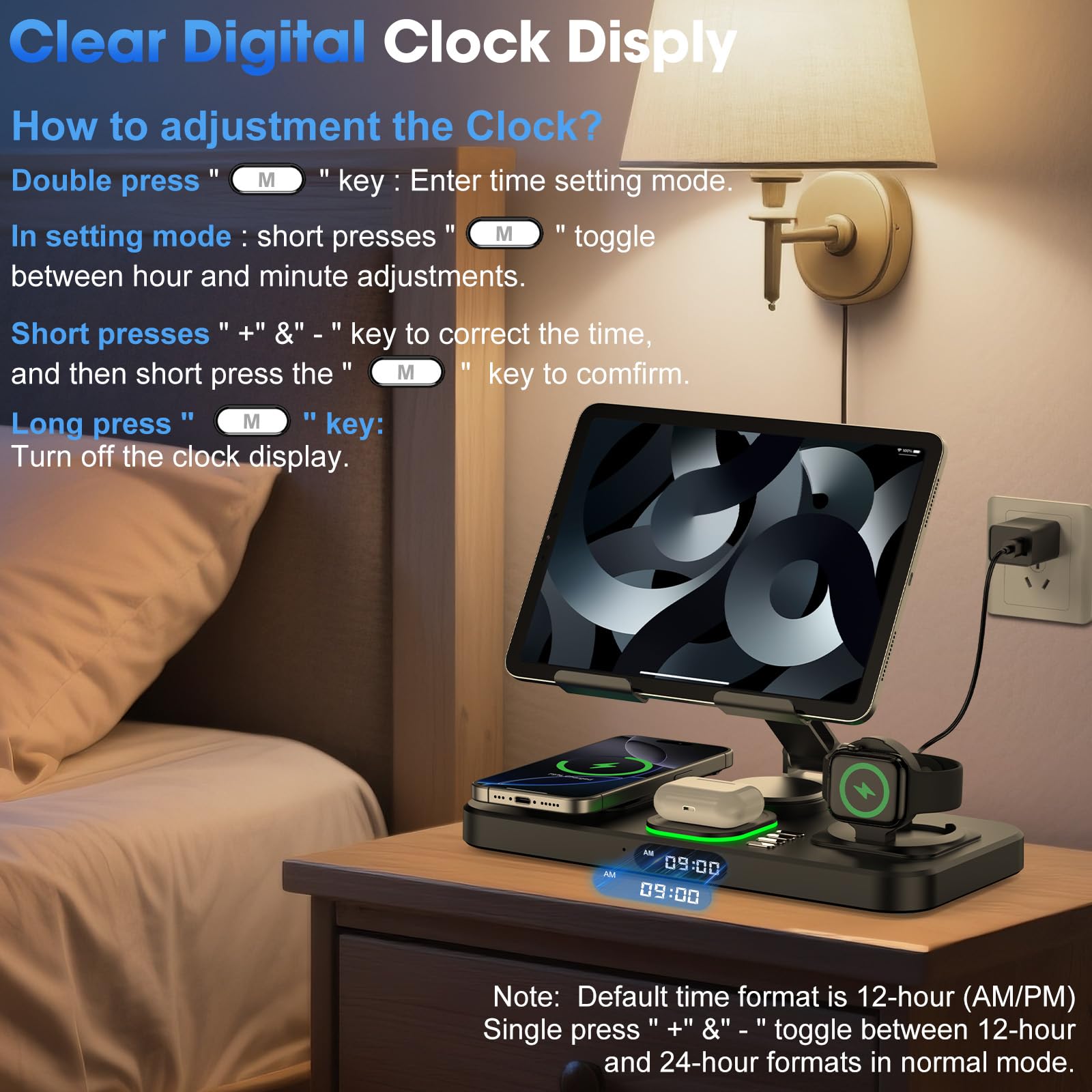 Caricabatterie wireless 6 in 1 per dispositivi Apple, stazione di ricarica con orologio e luce ambientale a 7 colori, supporto girevole pieghevole per iPad, per iPhone17/16/15, supporto per Apple