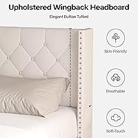 Vista 4 de Marco de cama tamaño matrimonial con luces LED, base de cama plataforma tapizada en terciopelo con cabecero y estribo abotonado, soporte de listones