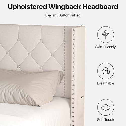 Miniatura 4 de Marco de cama tamaño matrimonial con luces LED, base de cama plataforma tapizada en terciopelo con cabecero y estribo abotonado, soporte de listones