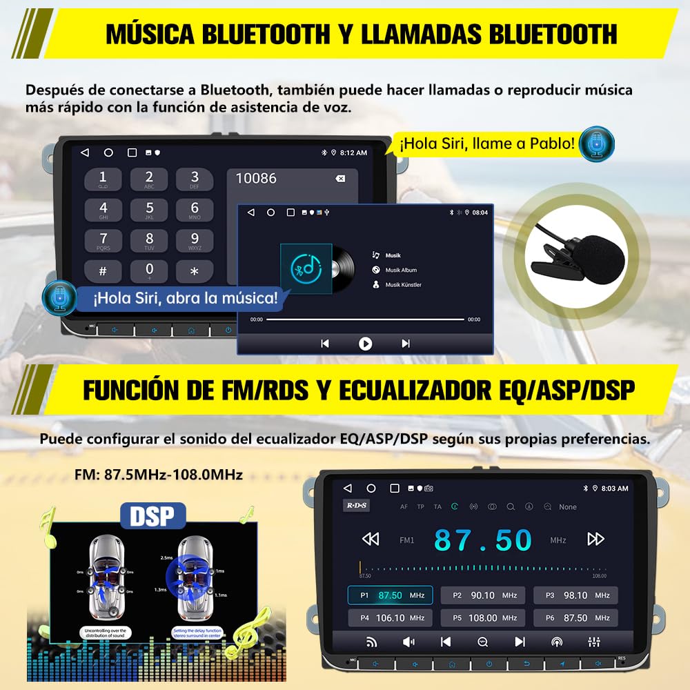 Hexinex【2+64G】Radio de Coche Android con Pantalla Táctil para VW, Autoradio de 9'' con CarPlay/Android Auto/Mirror Link,Compatible con WiFi/GPS/Bluetooth/RDS/USB/FM/Mandos del Volante y Cámara Trasera