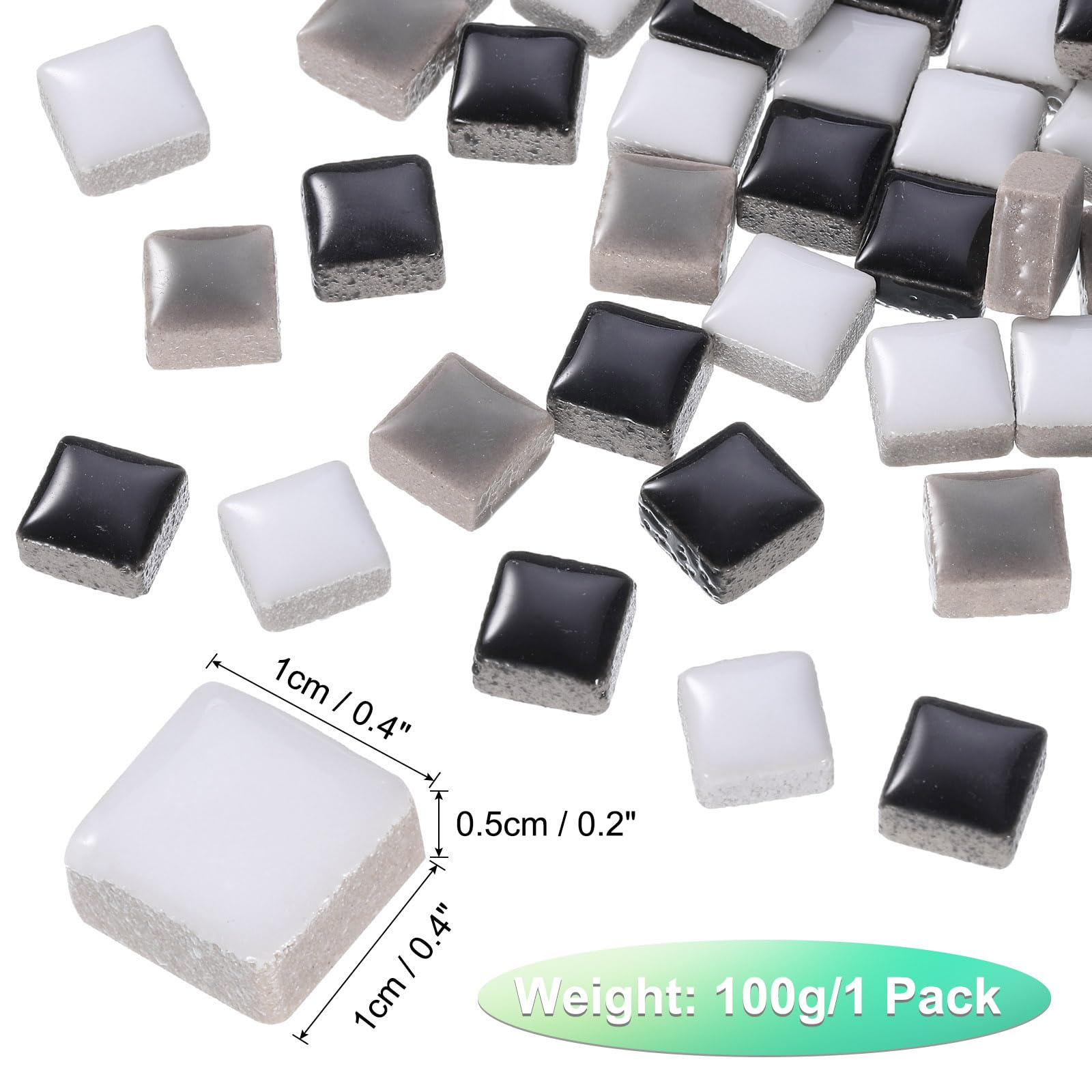 QUARKZMAN Kwadratowe płytki mozaikowe, 100 g, kolorowe płytki ceramiczne do majsterkowania, do dekoracji domu, rzemiosło, projekty DIY, 1 x 1 cm, mieszanka czarna/biała