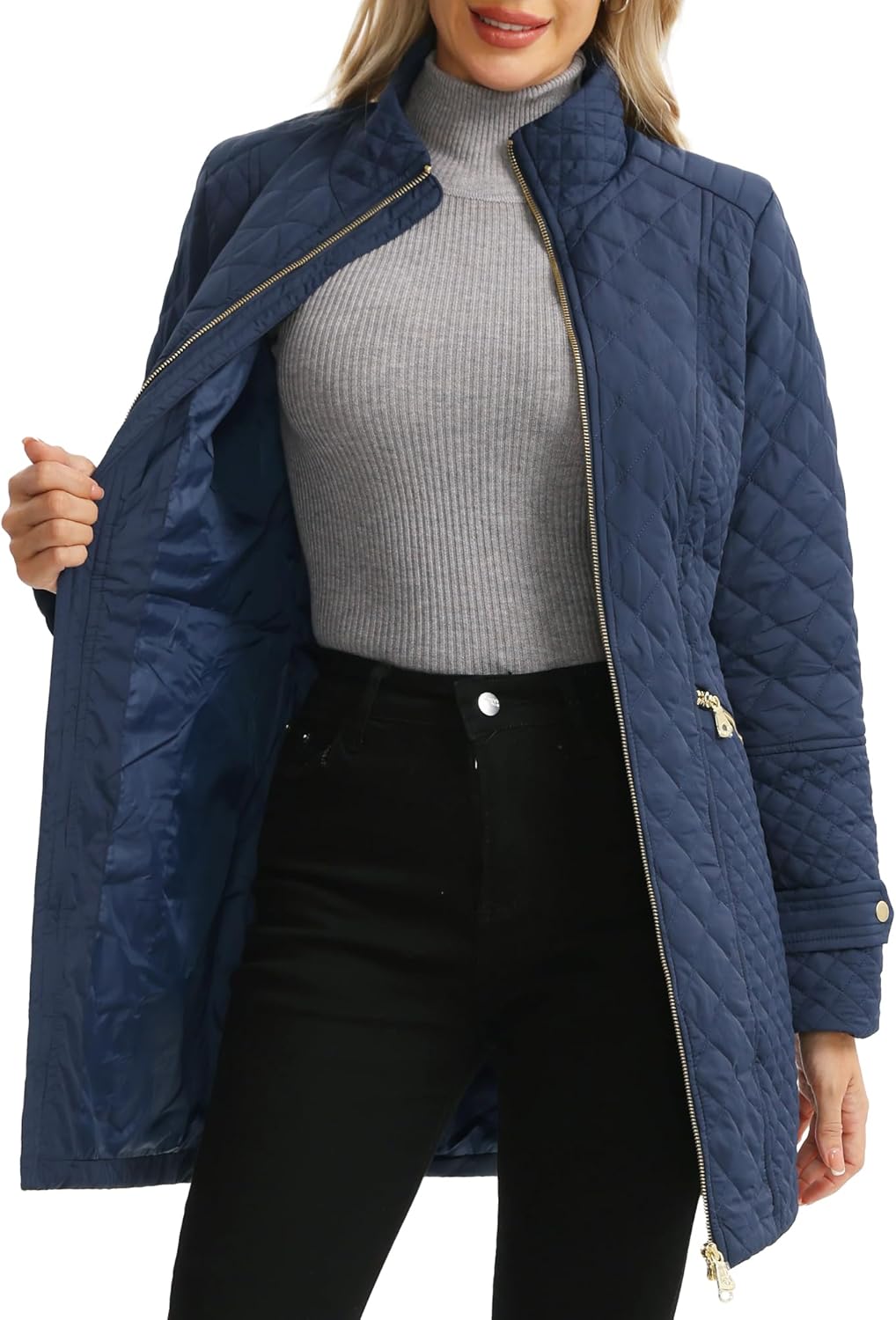Women's Plus Size Long Quilted Jackets Diamond Quilted Lightweight Jacket Stand Collar for Spring Fall - Image 6