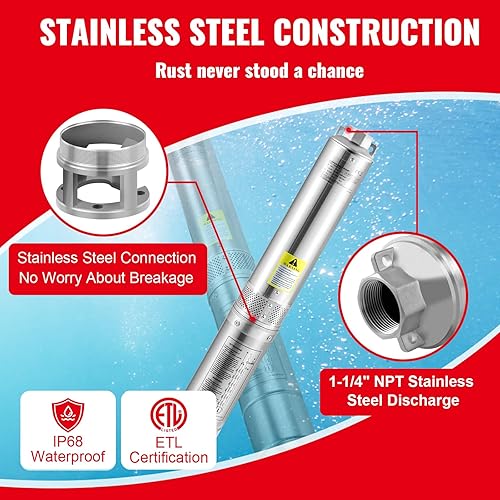 Miniatura 4 de Happybuy Bomba sumergible de pozo profundo 1HP, flujo de 37 GPM, cabeza de 207 pies, cable de 33 pies, acero inoxidable, IP68 impermeable, riego