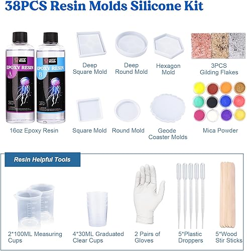 Miniatura 7 de LET'S RESIN Kit de posavasos de resina epoxi de 16 onzas con moldes y polvo de mica, manualidades para adultos, principiantes, ideal para