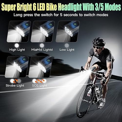 Miniatura 2 de Luces de bicicleta de 5800 lúmenes, súper brillante, 6 LED, recargable, luz trasera, 10 modos, soporte giratorio de 360, luz impermeable de