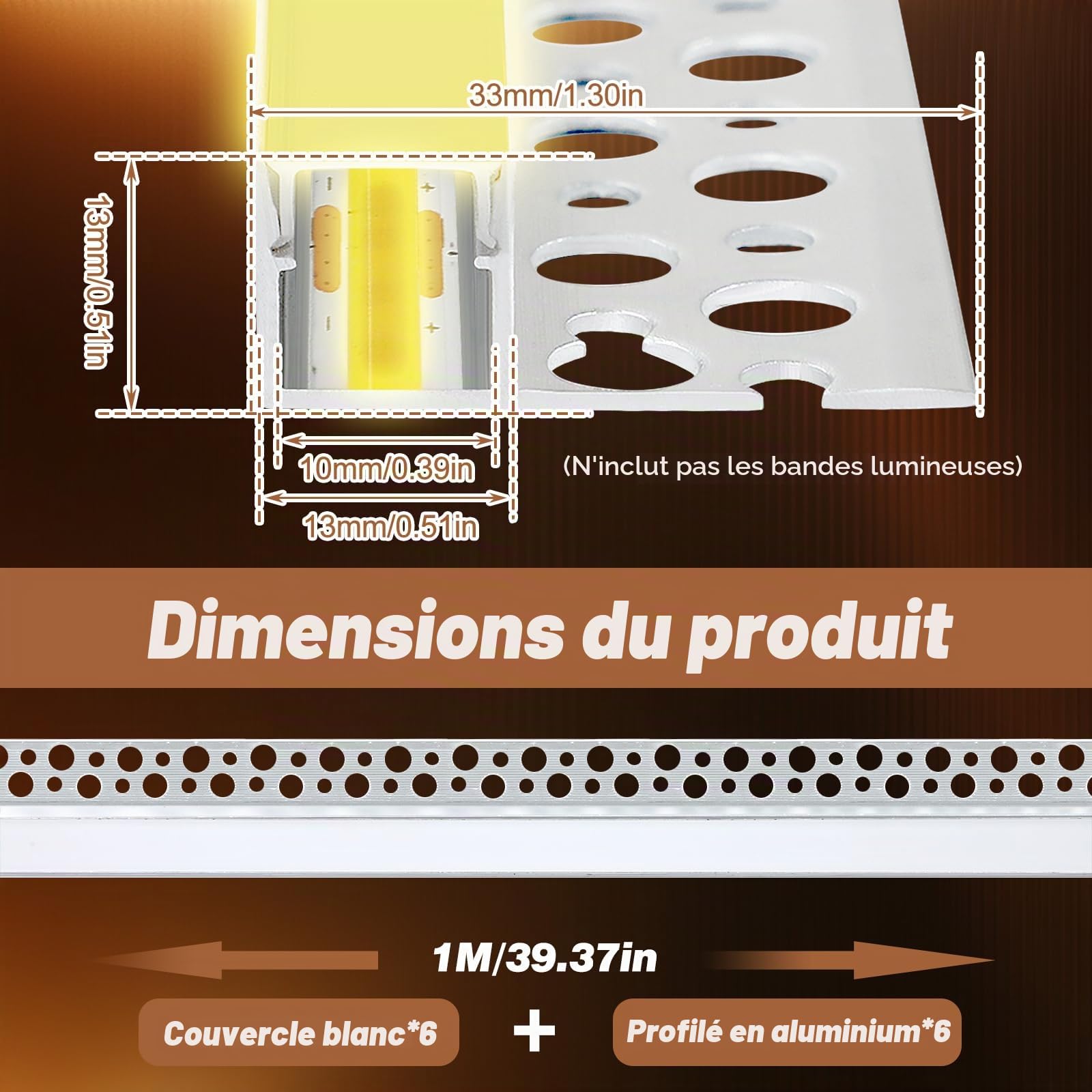 Profilé LED,6×1M Profilé Alu pour Ruban LED,Rail LED avec Diffuseur,Profilé led Encastrable Placo,Compatible Bandes led ≤10 mm
