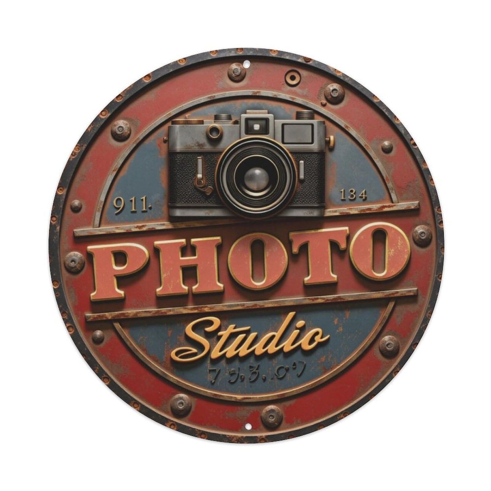 Vintage Rust Photo Studio Camera Round Sign Vintage Aluminium Metal Sign, Retro Wall Decor for Home, Bar, Garage & Farmhouse 20x20cm