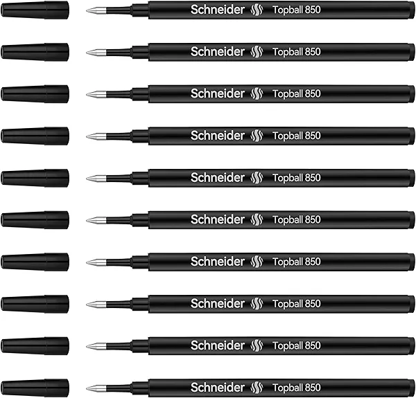Schneider Rollerball Refill Black Fine - Smooth Writing Pack of 10 Rollerball Refills Designed for BEILUNER Pens - Safety Non Dry Roller Pen Refill F - Schneider 850 Size - Made in Germany