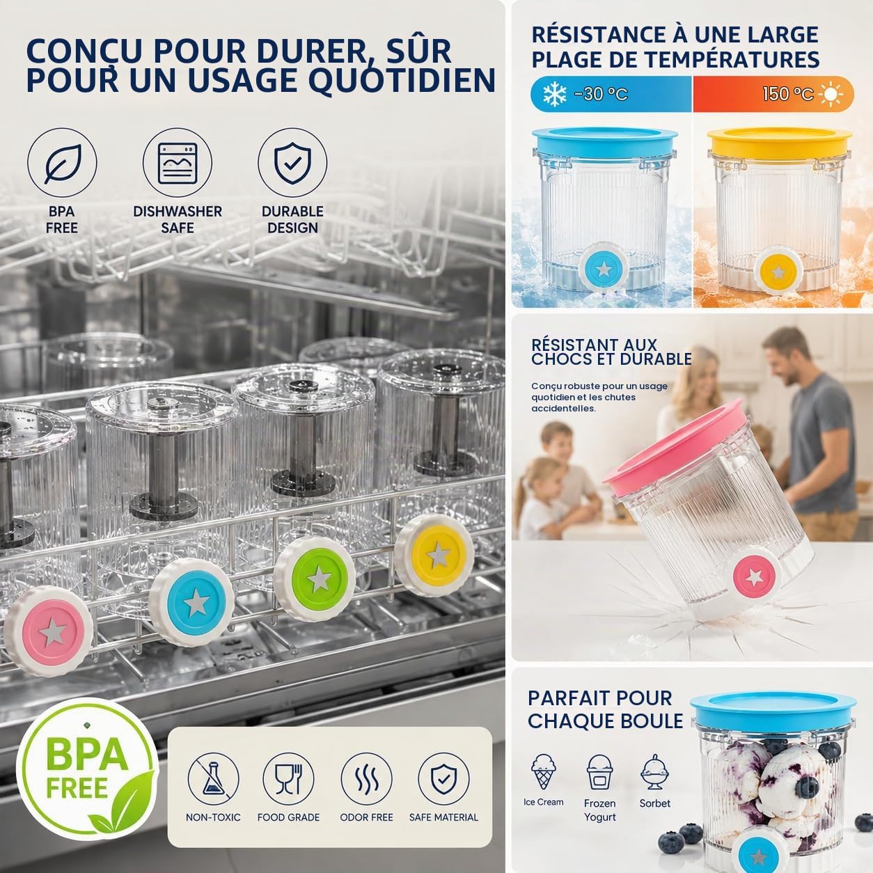 Lot de 4 Pots de Remplacement Compatible avec Ninja Creami Swirl NC700 NC701EU, 480ml Récipients avec 2 Spatules en Silicone et 1 Rouleau d'Étiquettes, Sans BPA & Passe au Lave-Vaisselle