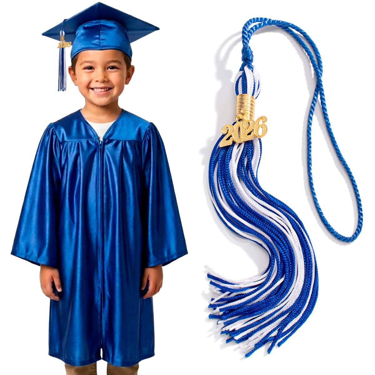 Happy Graduates Shiny Child Graduation Cap, Gown, Tassel and 2026 Charm Set, Kindergarten Graduation and Kids Preschool