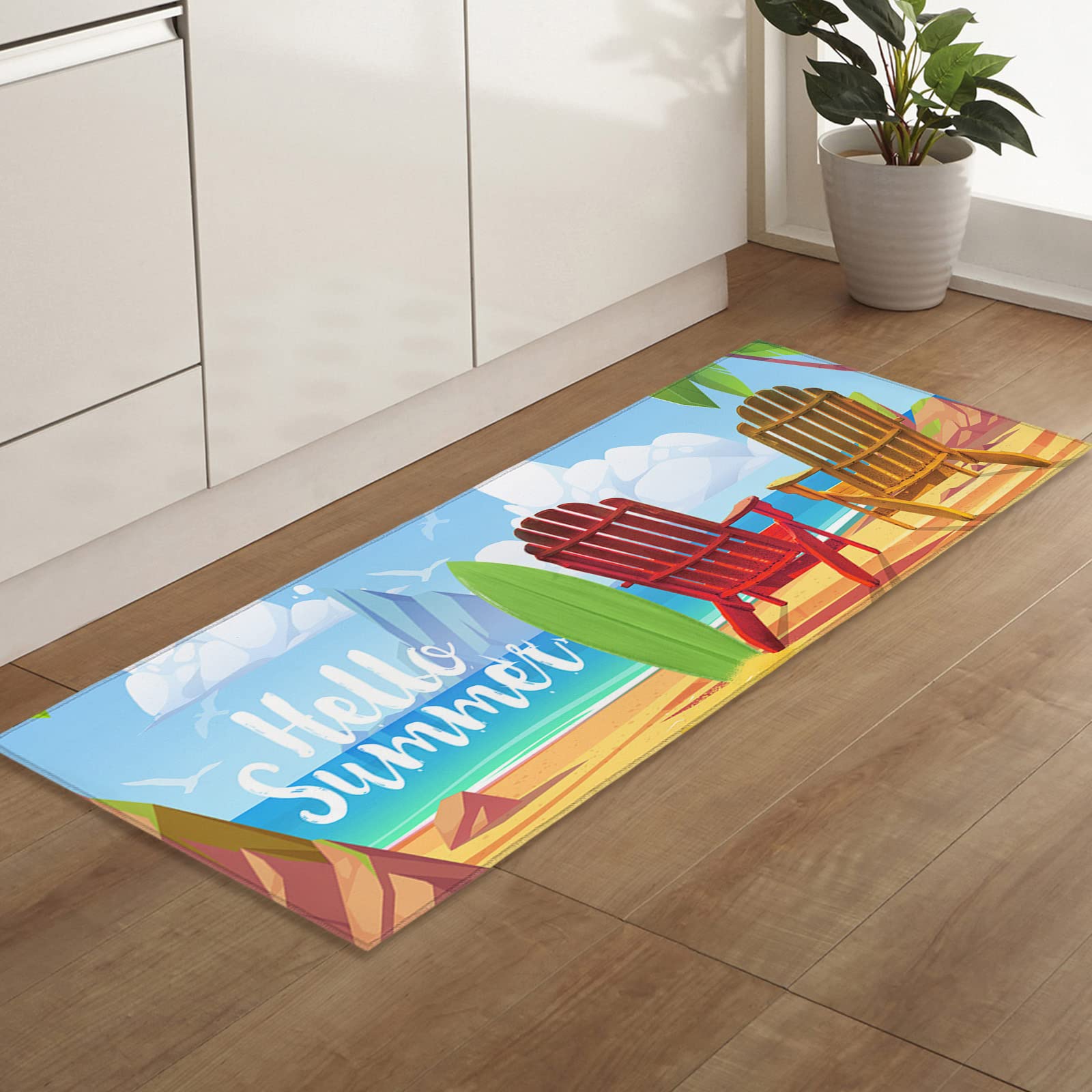 Hello Summer Indoor Doormat Front Door Mat 24" x 71", Tropical Beach Chair Coconut Tree Floor Mat Absorbent Bathroom Rug Fluffy Soft Microfiber Carpet Rug