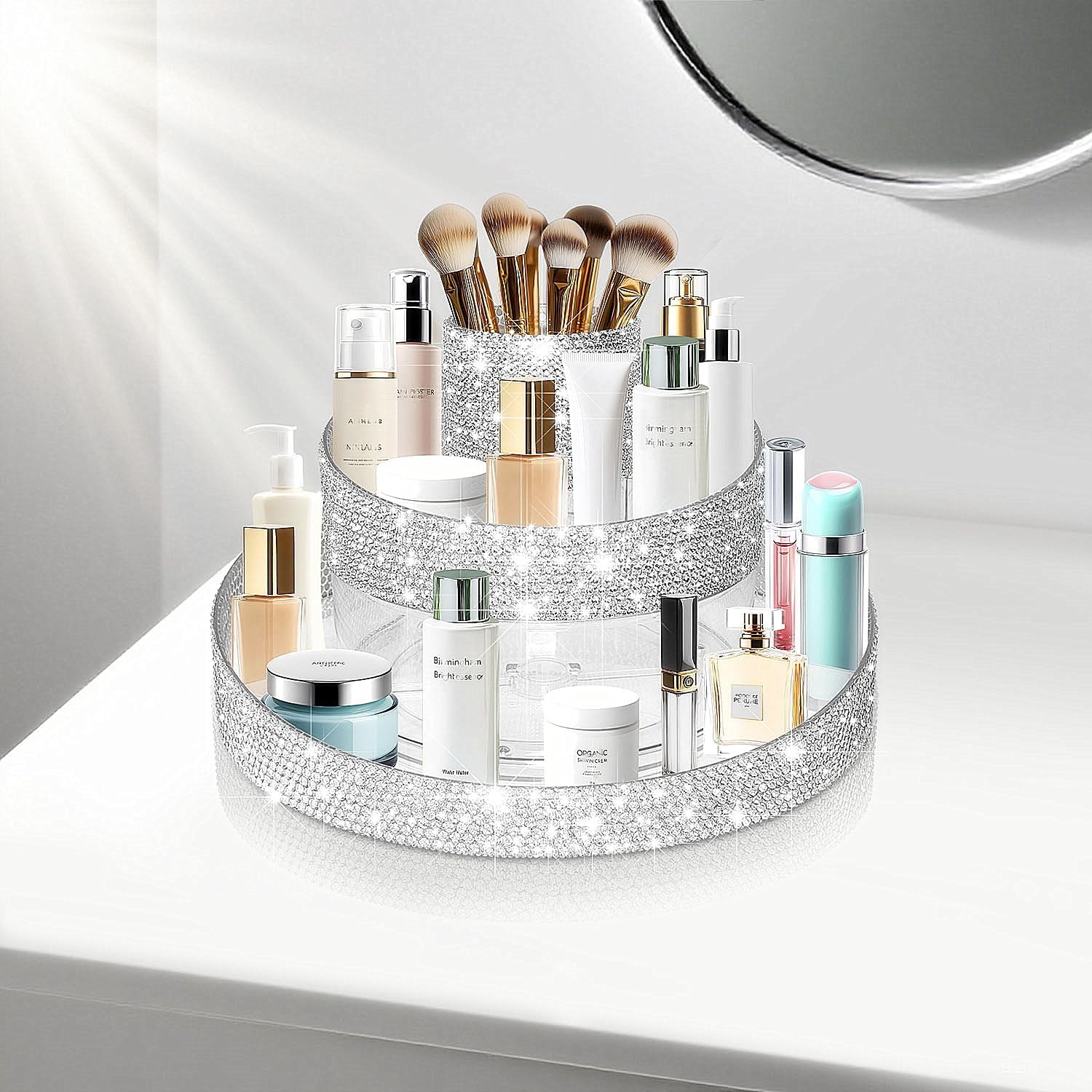 Yivaiks Bling 360 Rotating Makeup Organizer,Shiny Lazy Susan Cosmetic Storage Turntable for Skincare,Perfume & Lipstick,Glitter Round Spinning Tray with Brush Holder for Vanity,Bathroom (10"L x 10"W)