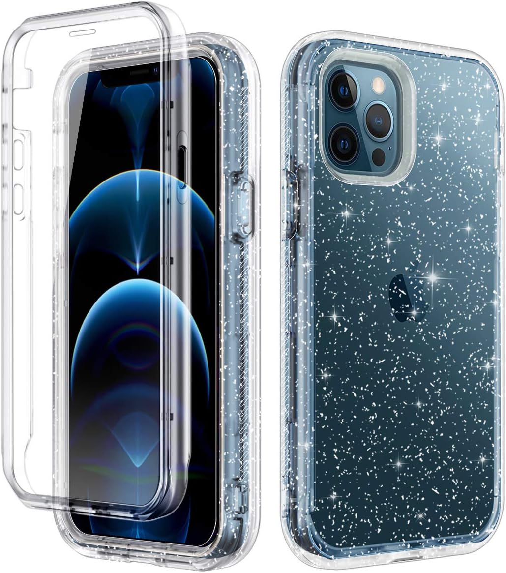 LONTECT Compatible with iPhone 12 Pro Max Case 6.7 inch 2020 with Built-in Screen Protector Clear Glitter Sparkly Bling Rugged Shockproof Hybrid Full Body Protective Case Cover