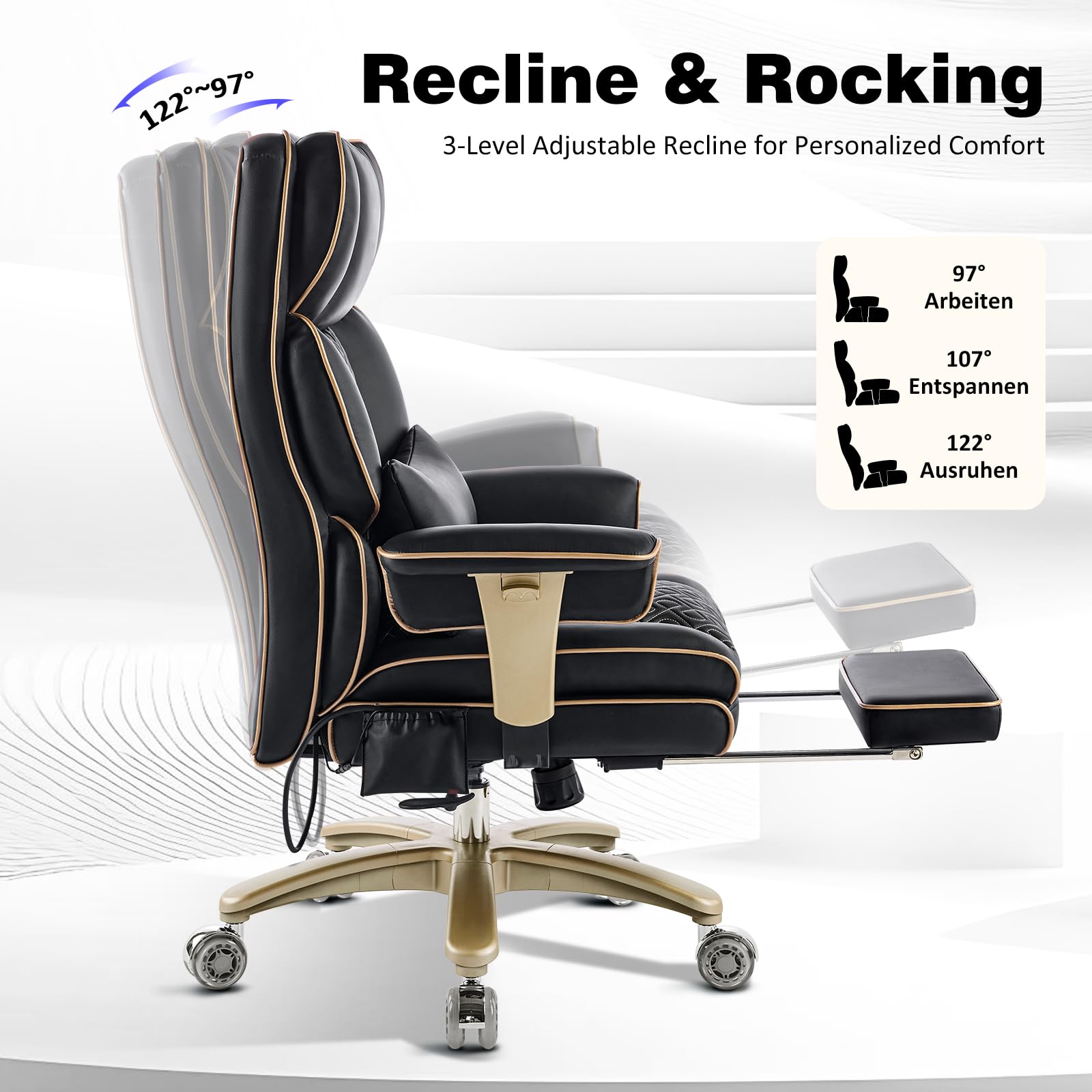 Hellove Ergonomischer Bürostuhl bis 230kg, Chefsessel mit Fußstütze & Lordosenstütze, Großer Schreibtischstuhl für Übergewichtige, Luxus Executivesessel Kunstleder für Homeoffice, Schwarz