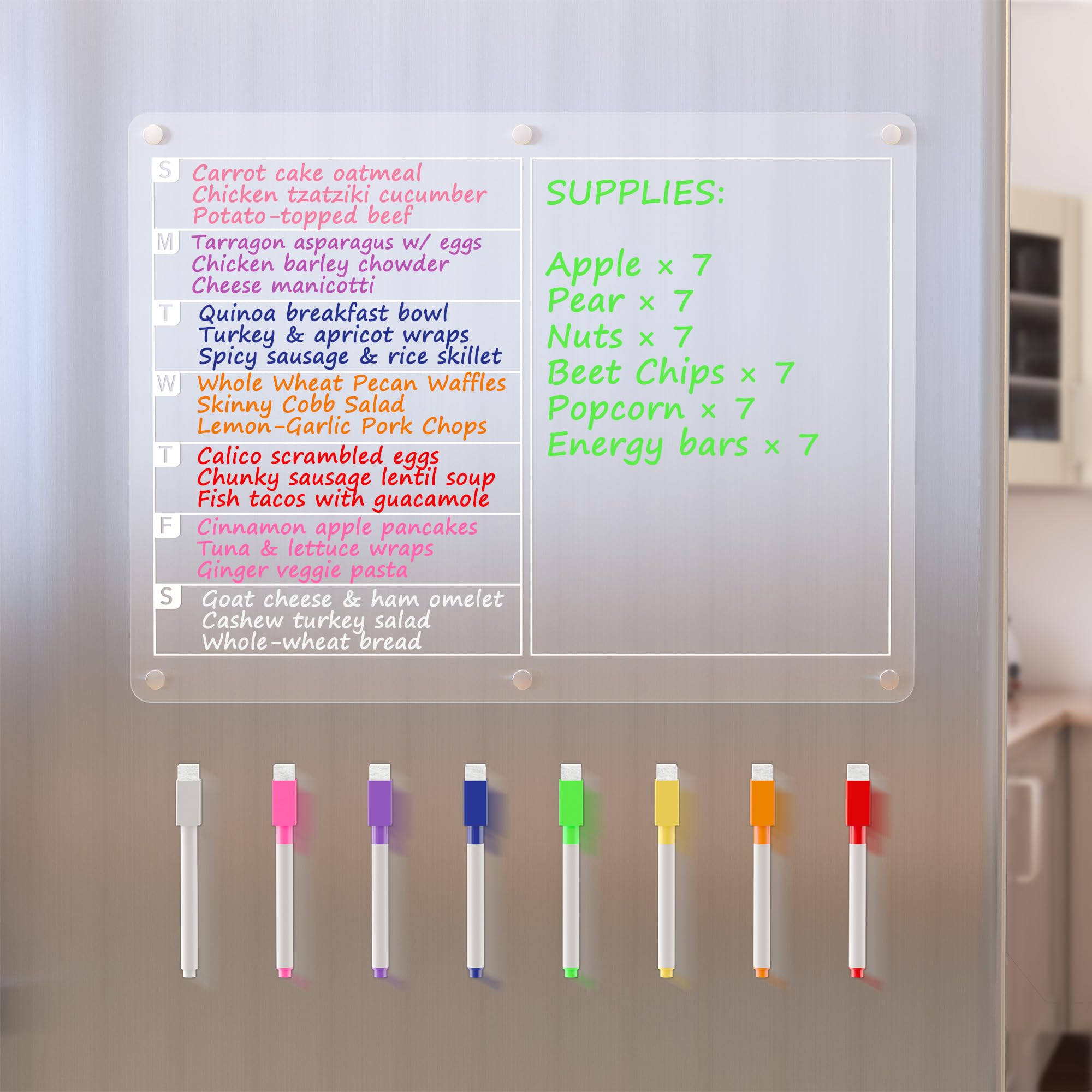Acrylic Magnetic Dry Erase Board for Fridge, Clear Whiteboard for Refrigerator, Notepad Memo to Do/Grocery List White Board, w/ 8 Colors Markers, 15 x 11